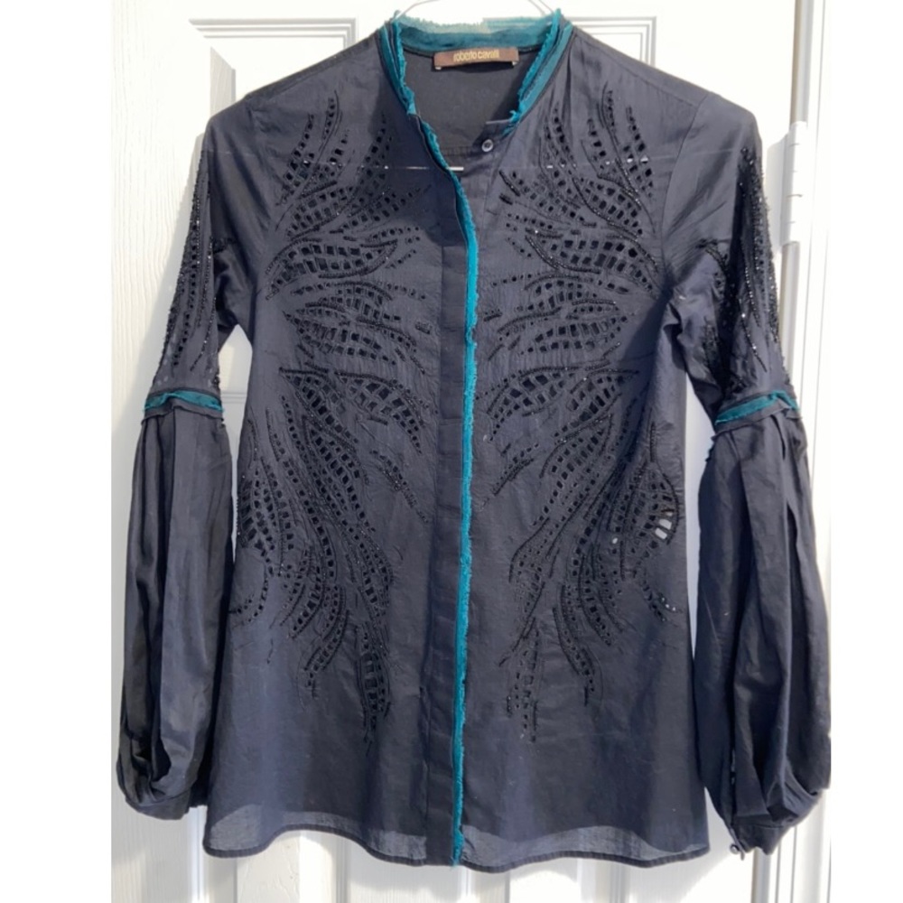 ROBERTO CAVALLI Black Embroidery Cotton Long Trumpet Sleeve Shirt Size 40